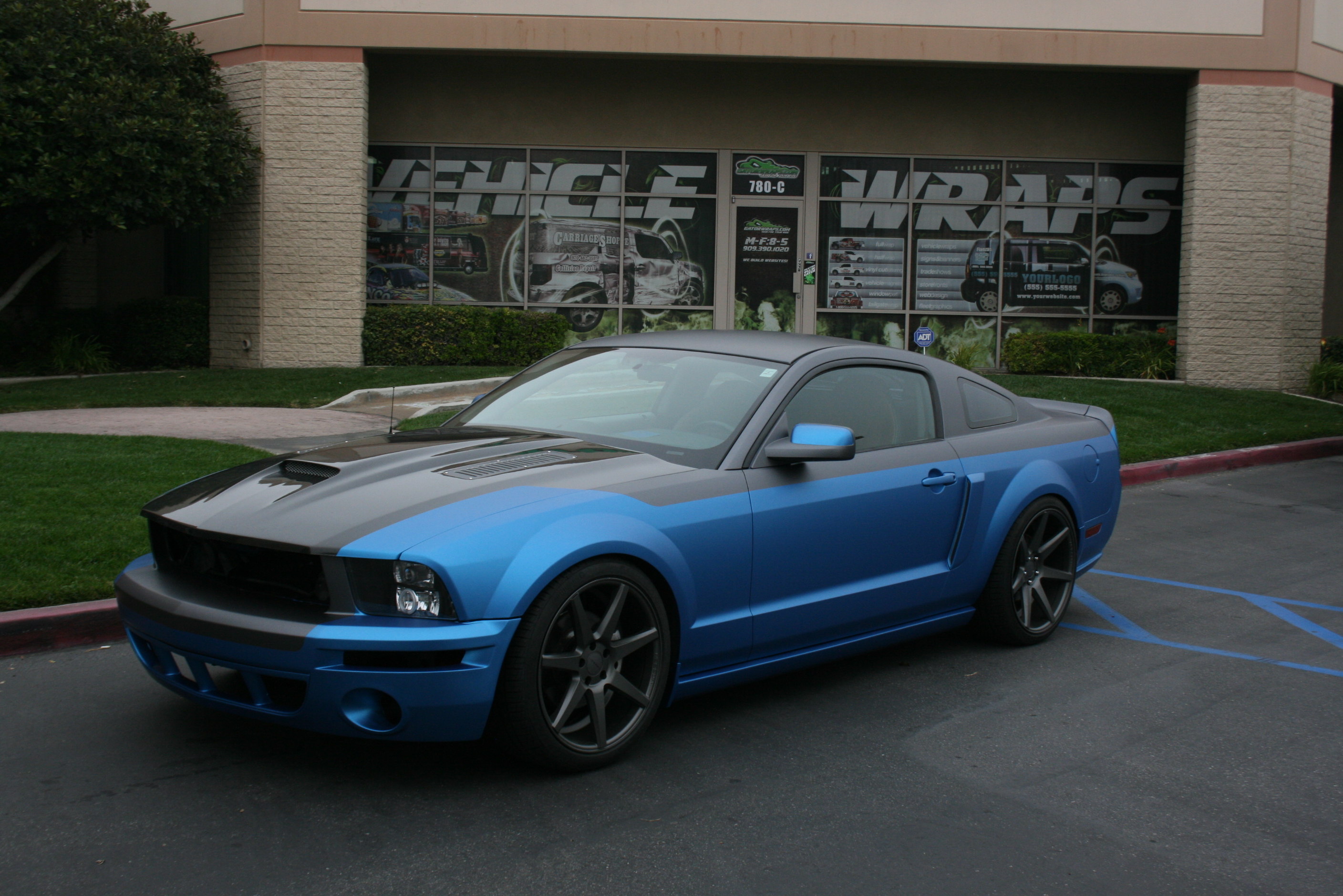 blue black car mustang car wrap